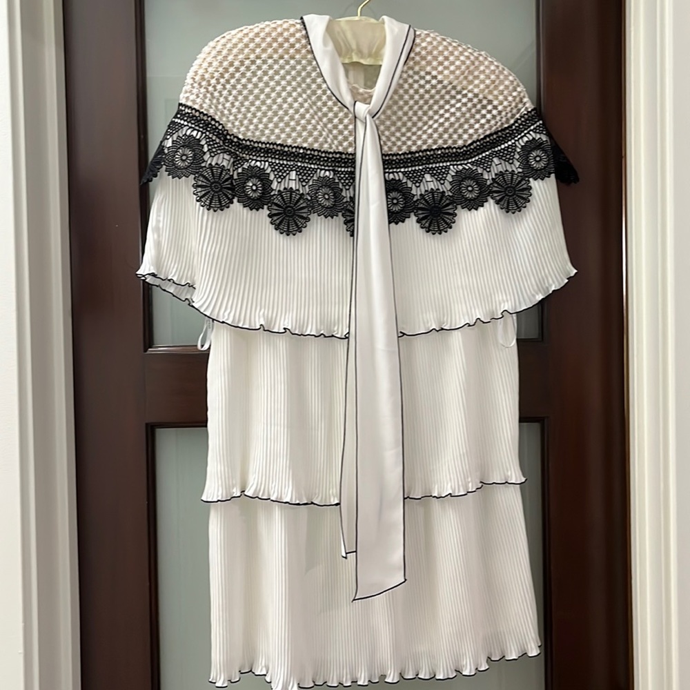 Self-portrait monochrome black and white pleated caplet mini dress - size 4